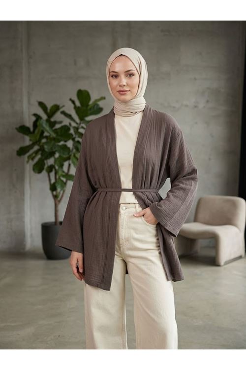 HIR02445-DMN Yaka Bantlı Müslin Hırka-Duman