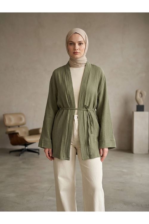HIR02445-HKİ Yaka Bantlı Müslin Hırka-Haki