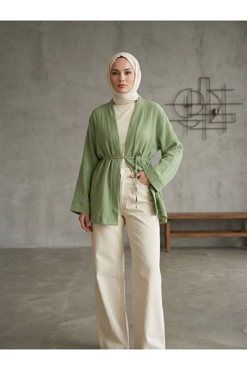 HIR02445-MNT Yaka Bantlı Müslin Hırka-Mint