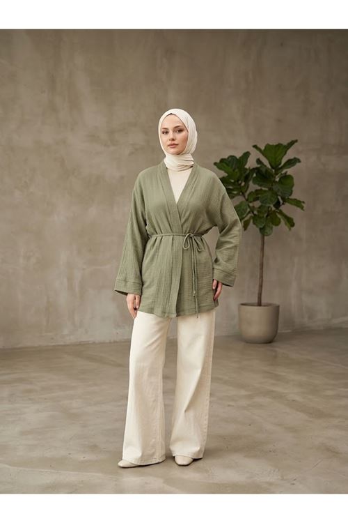 HIR02445-HKİ Yaka Bantlı Müslin Hırka-Haki