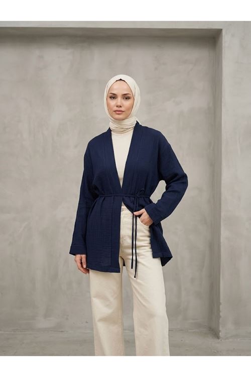 HIR02445-LCV Yaka Bantlı Müslin Hırka-Lacivert