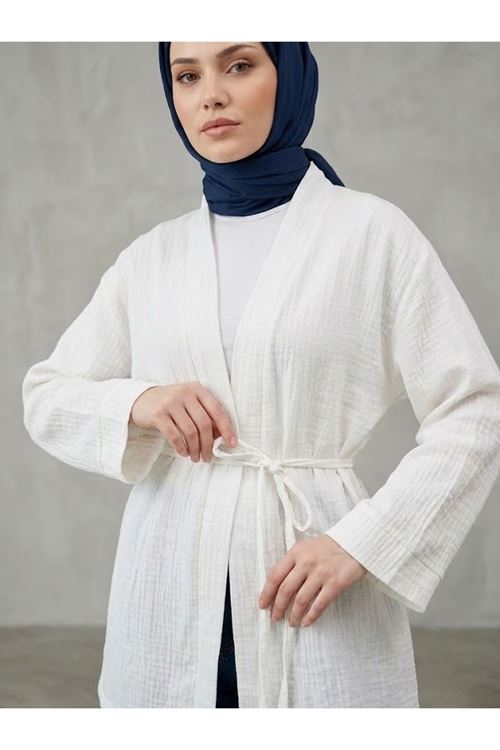 HIR02445-EKR Yaka Bantlı Müslin Hırka-Ekru