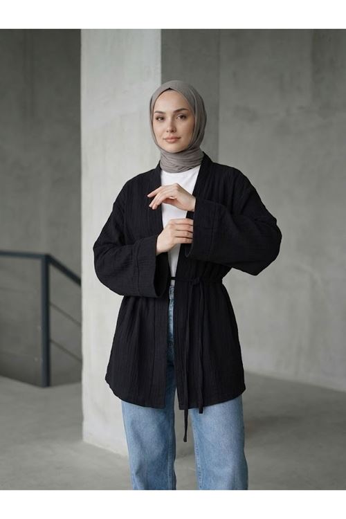 HIR02445-SYH Yaka Bantlı Müslin Hırka-Siyah