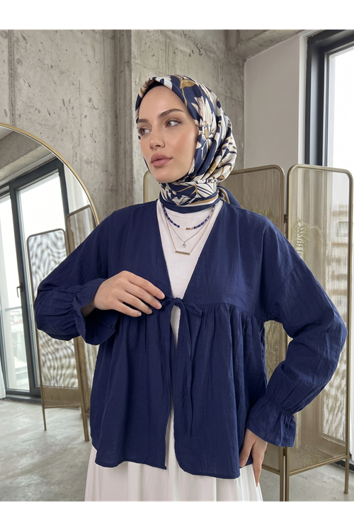TUN05982-LCV Roba Büzgülü Kol Lastik Tunik-Lacivert