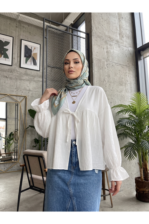 TUN05982-EKR Roba Büzgülü Kol Lastik Tunik-Ekru