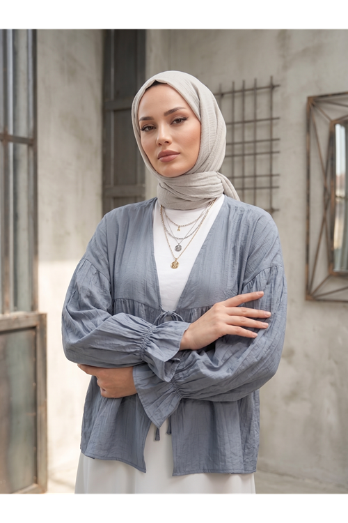 TUN05982-GRN Roba Büzgülü Kol Lastik Tunik-Gri