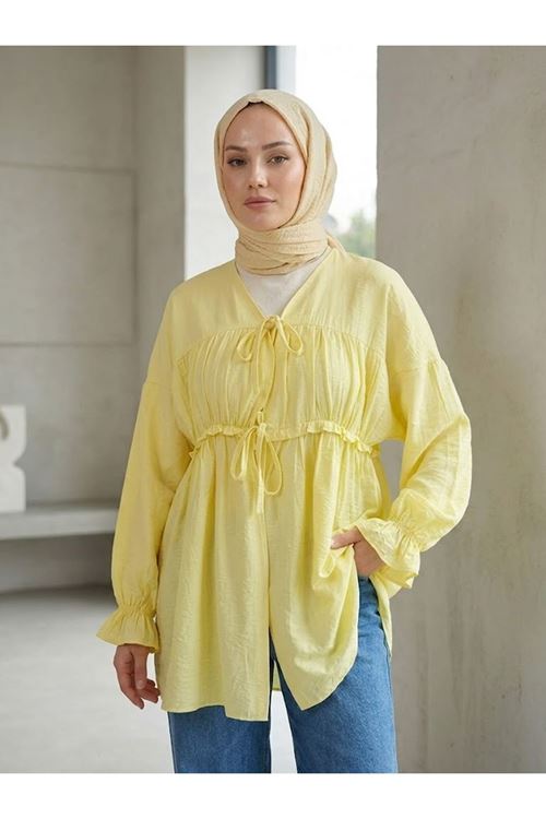 TUN05980-SRI Büzgülü Bağlamalı Tunik-Sarı