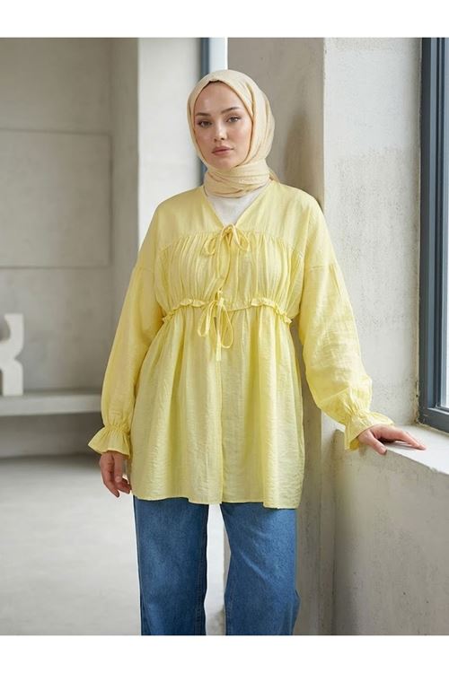 TUN05980-SRI Büzgülü Bağlamalı Tunik-Sarı