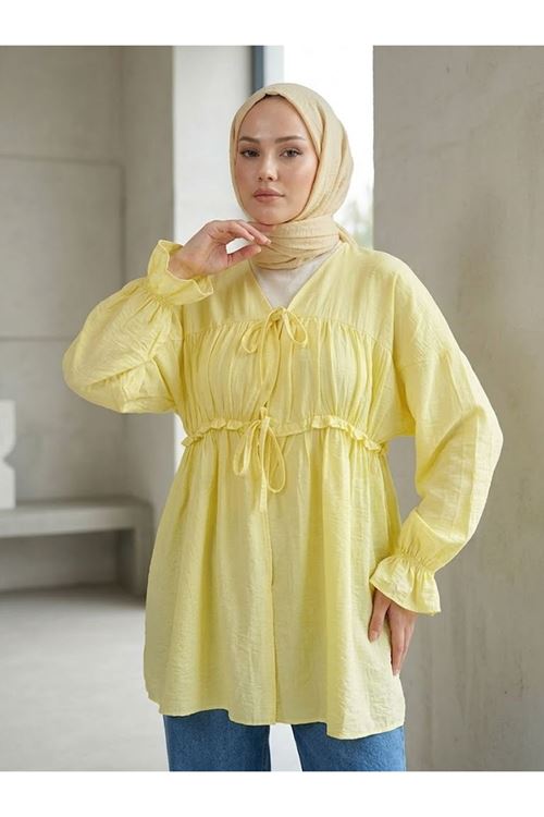 TUN05980-SRI Büzgülü Bağlamalı Tunik-Sarı
