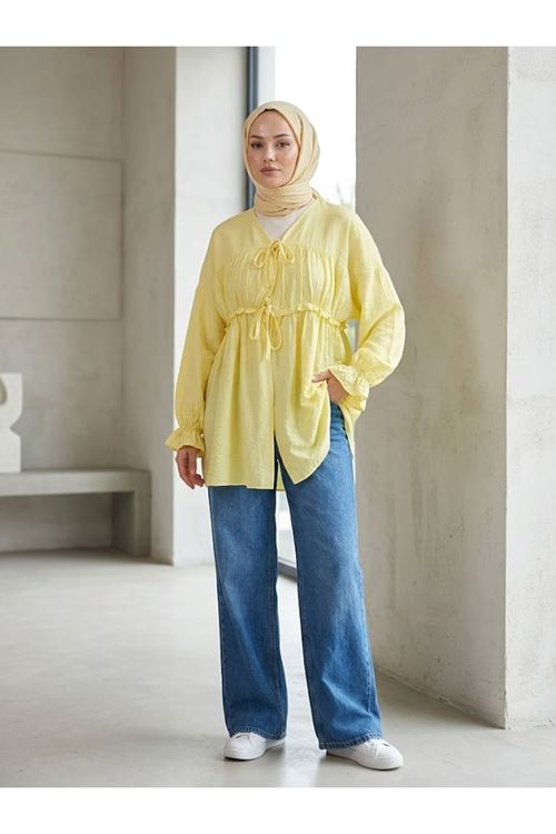 TUN05980-SRI Büzgülü Bağlamalı Tunik-Sarı