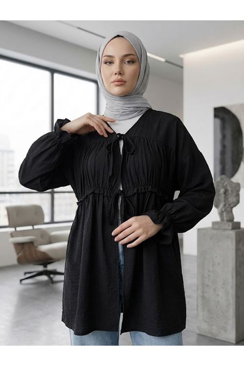 TUN05980-SYH Büzgülü Bağlamalı Tunik-Siyah