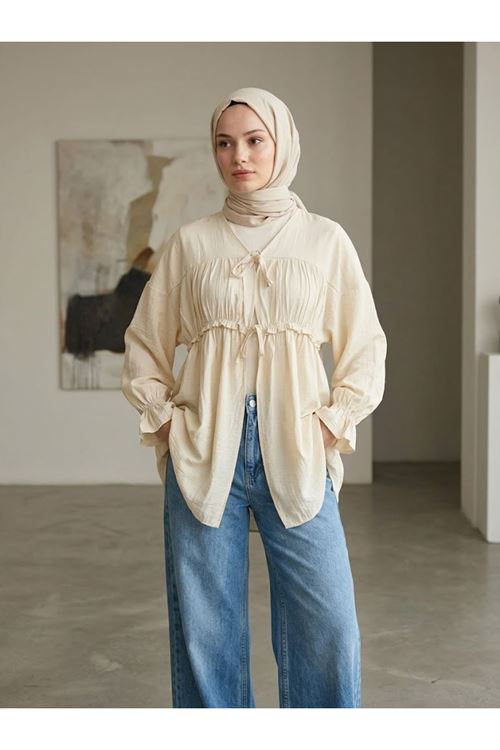 TUN05980-TAŞ Büzgülü Bağlamalı Tunik-Taş