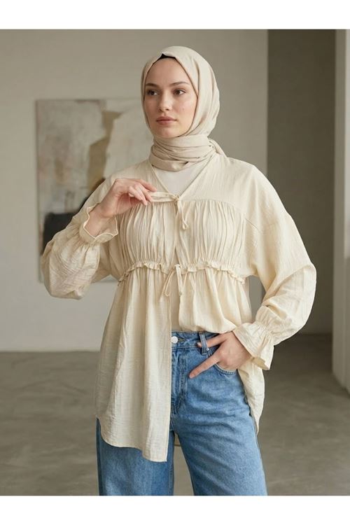 TUN05980-TAŞ Büzgülü Bağlamalı Tunik-Taş