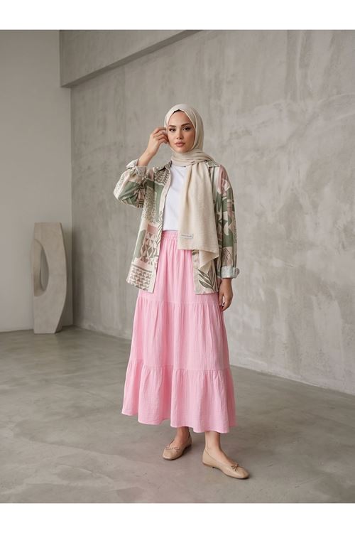 MOE03064-PMB Etek Üç Katlı-Pembe