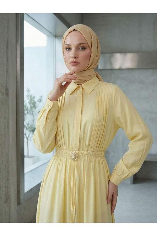 ELB04151-SRI Bel Lastik Yarım Pat Aksesuar Detay Elbise-Sarı