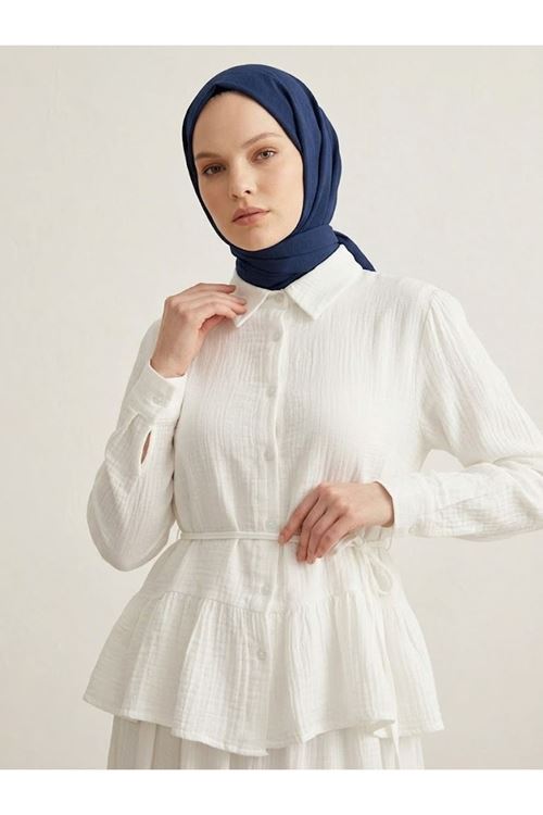 EİT00127-EKR Büzgülü Etekli Müslin Takım-Ekru