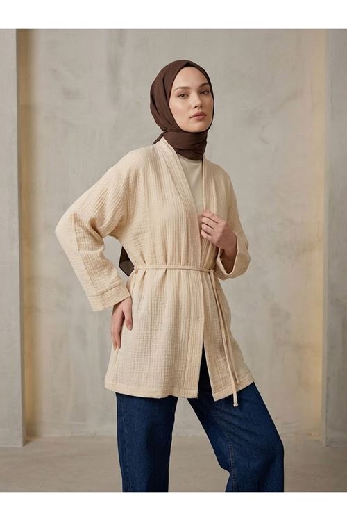 HIR02449-BEJ Müslin Kimono-Bej