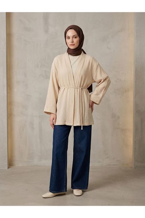 HIR02449-BEJ Müslin Kimono-Bej
