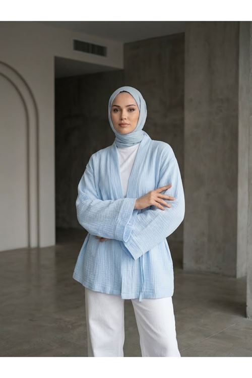HIR02449-MAV Müslin Kimono-Mavi