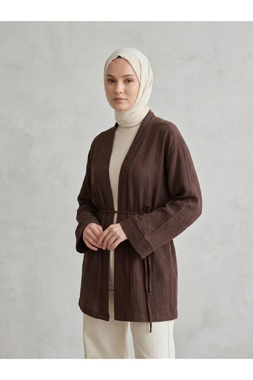 HIR02449-KHV Müslin Kimono-Kahve
