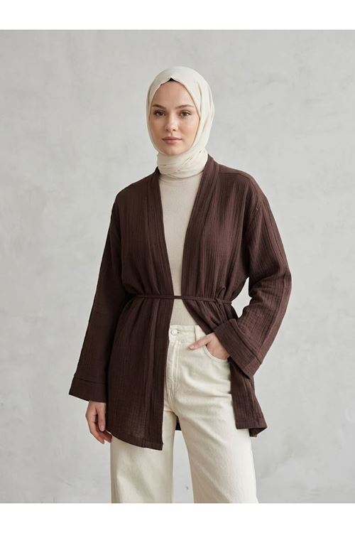 HIR02449-KHV Müslin Kimono-Kahve