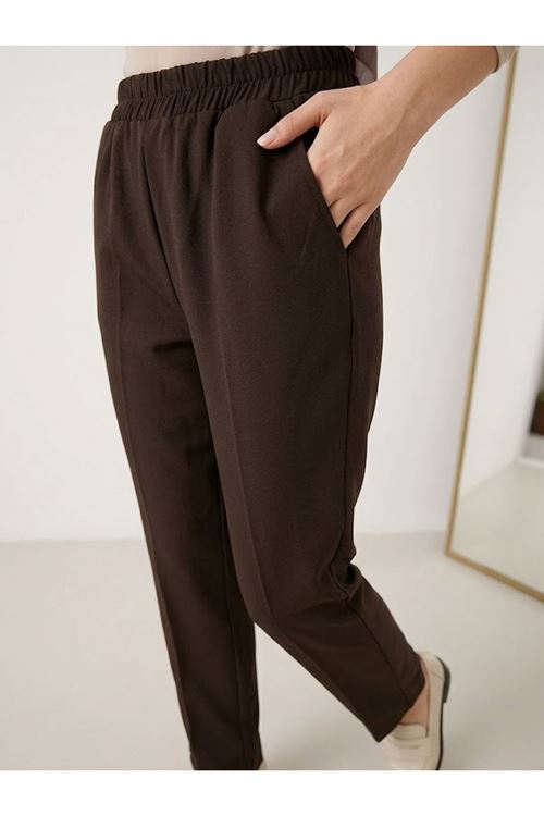 PNT01535-KHV Bel Lastik Düz Paça Pantolon-Kahve
