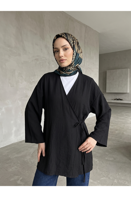 TUN05991-SYH Yan Bağlamalı Çilek Tunik-Siyah