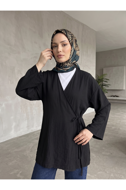 TUN05991-SYH Yan Bağlamalı Çilek Tunik-Siyah