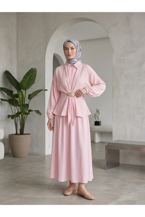 EİT00128-PMB Ön Bağlamalı Aksesuar Detay Etekli Takım-Pembe