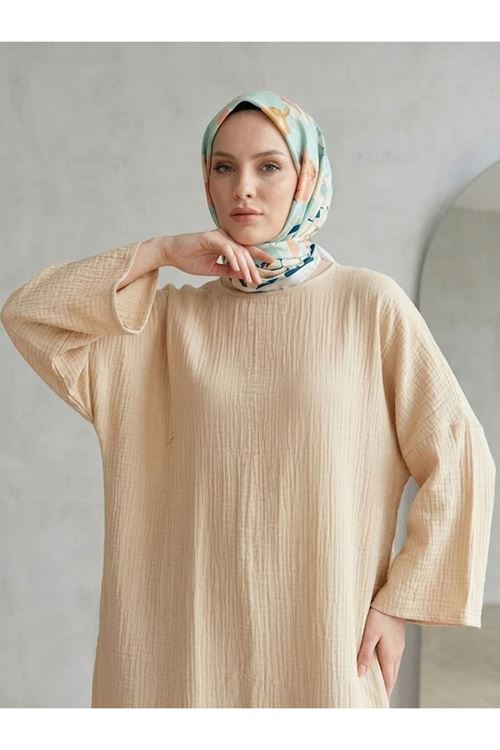 ELB04158-BEJ Reklan Kol Müslin Elbise-Bej