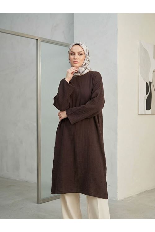 ELB04158-KHV Reklan Kol Müslin Elbise-Kahve