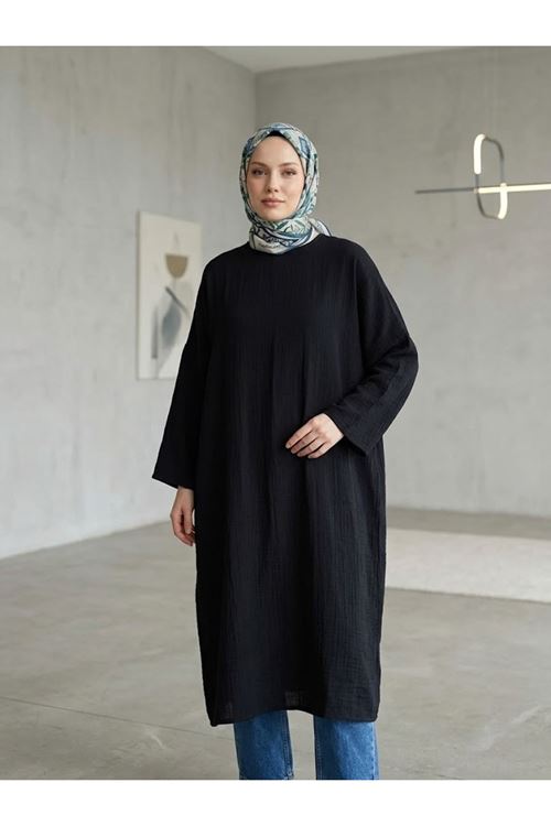 ELB04158-SYH Reklan Kol Müslin Elbise-Siyah