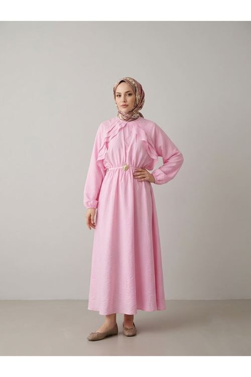 ELB04152-PMB Fırfır Detay Elbise-Pembe