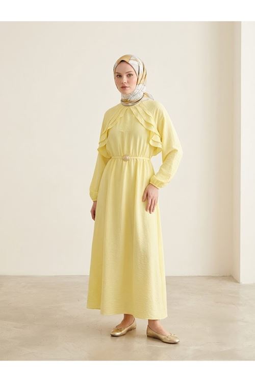 ELB04152-SRI Fırfır Detay Elbise-Sarı