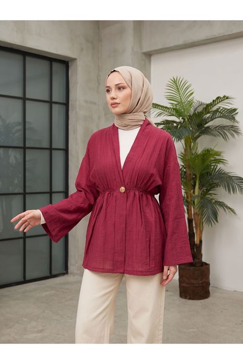 HIR02446-BRD Düğme Detay Çilek Hırka-Bordo