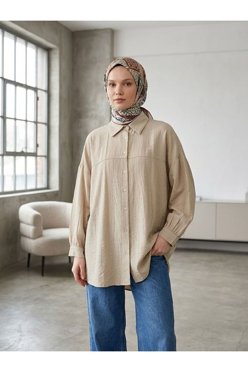 TUN05897-BEJ Ön Roba Detaylı Tunik-Bej