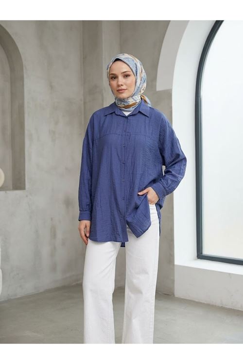 TUN05897-İND Ön Roba Detaylı Tunik-İndigo
