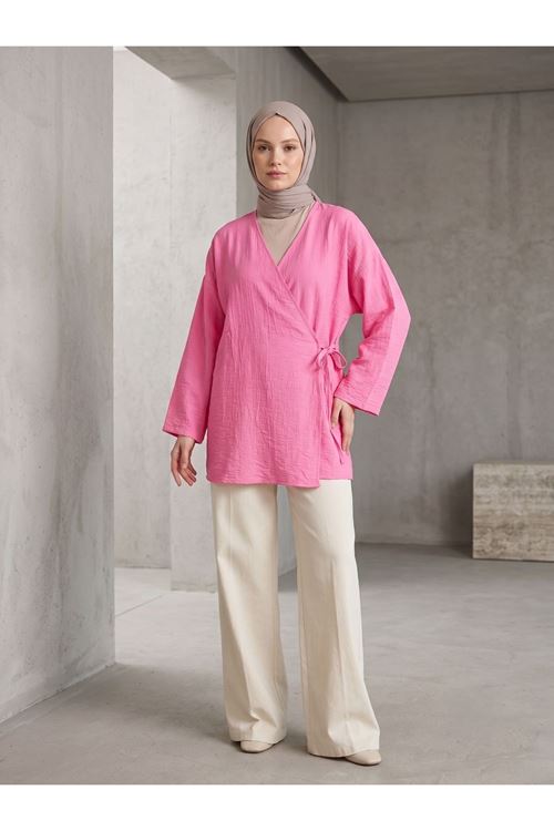 TUN05991-FUŞ Yan Bağlamalı Çilek Tunik-Fuşya