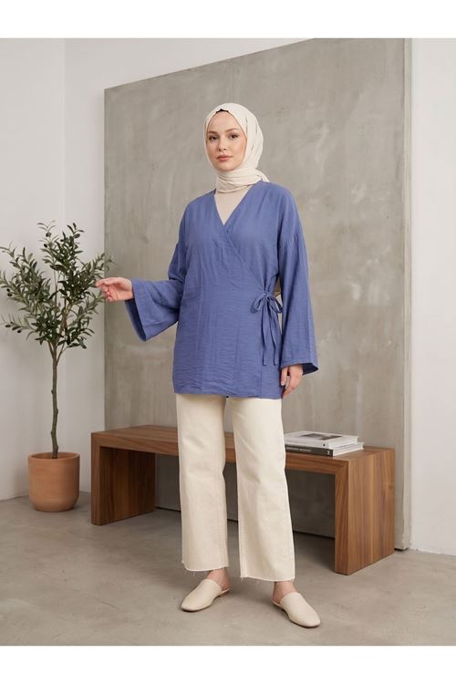 TUN05991-İND Yan Bağlamalı Çilek Tunik-İndigo