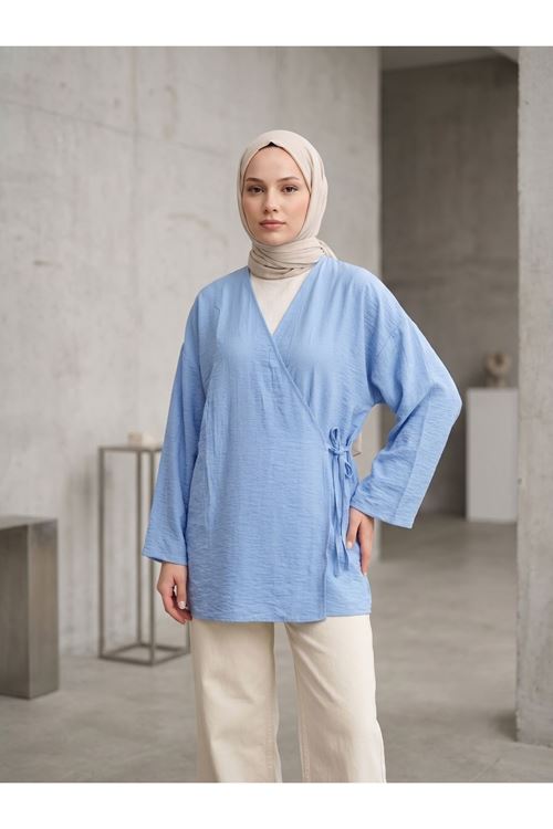 TUN05991-MAV Yan Bağlamalı Çilek Tunik-Mavi