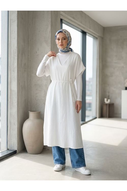 ELB04160-EKR Rahat  Kesim V Yaka Müslin Elbise-Ekru