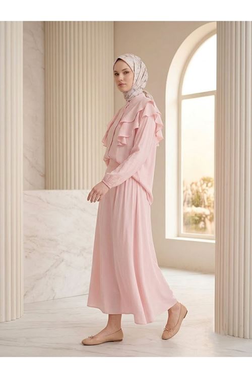 EİT00129-PMB Omuz Volanlı Etekli Takım-Pembe