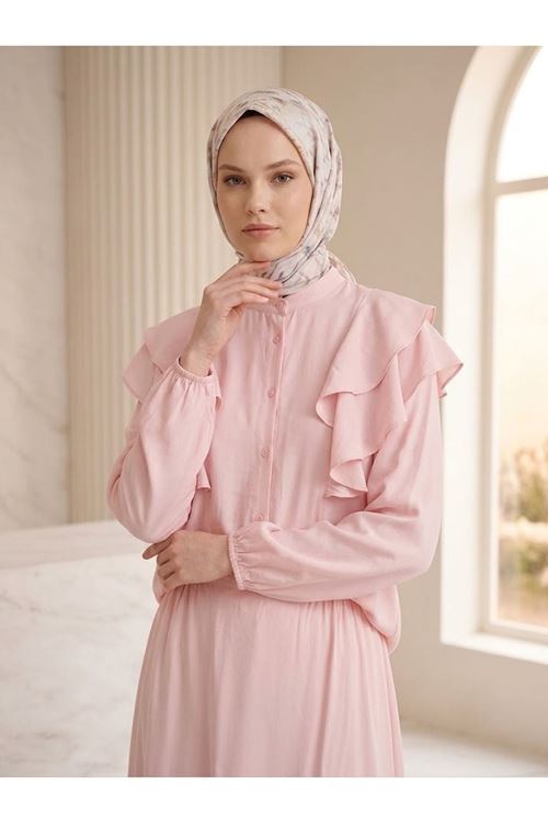 EİT00129-PMB Omuz Volanlı Etekli Takım-Pembe