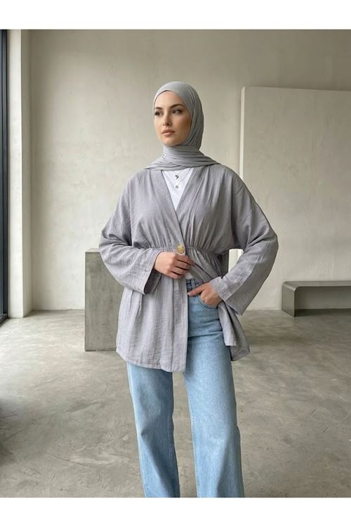 HIR02446-84 Düğme Detay Çilek Hırka-Açık Gri