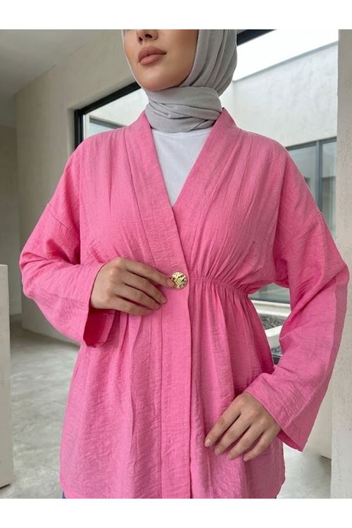 HIR02446-FUŞ Düğme Detay Çilek Hırka-Fuşya