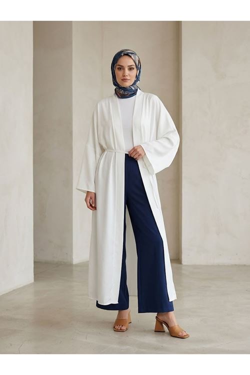 HIR02457-BYZ Kimono Uzun Dubai Hırka-Beyaz