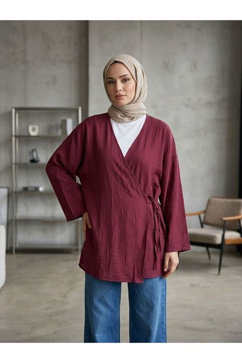 TUN05991-BRD Yan Bağlamalı Çilek Tunik-Bordo