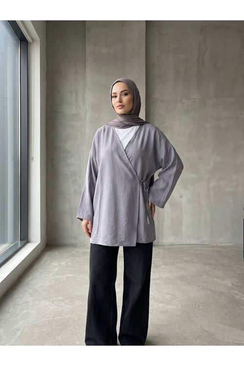 TUN05991-GRN Yan Bağlamalı Çilek Tunik-Gri