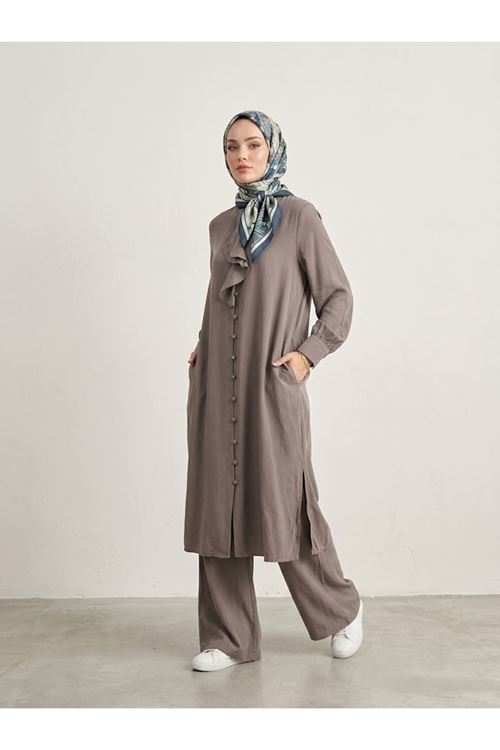 PİT00522-DMN Biritli Pantolonlu Takım-Duman