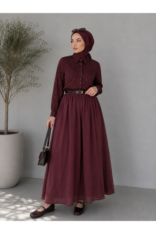 MOE03065-BRD Astarlı Vual Etek-Bordo